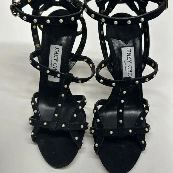Jimmy Choo Beverly Caged High Heels Faux Pearl Studded Suede Black Size 37 7 - Picture 3 of 12